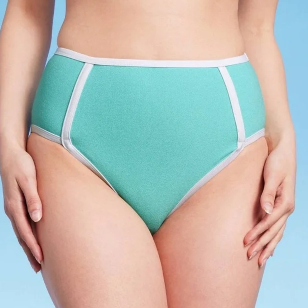 New Small Kona Sol Turquoise Terry Textured High Waist High Leg Bikini Bottom